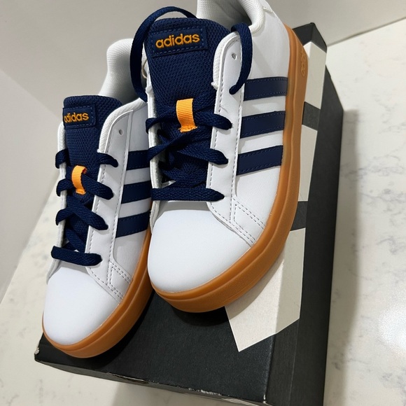 Adidas Kids' White and Navy Sneakers with Orange Accents - Picture 2 of 6